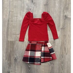 Toddler Little Girl 2‎ Piece Long Puff Sleeve Skirt Plaid Red Size 2-3 Years